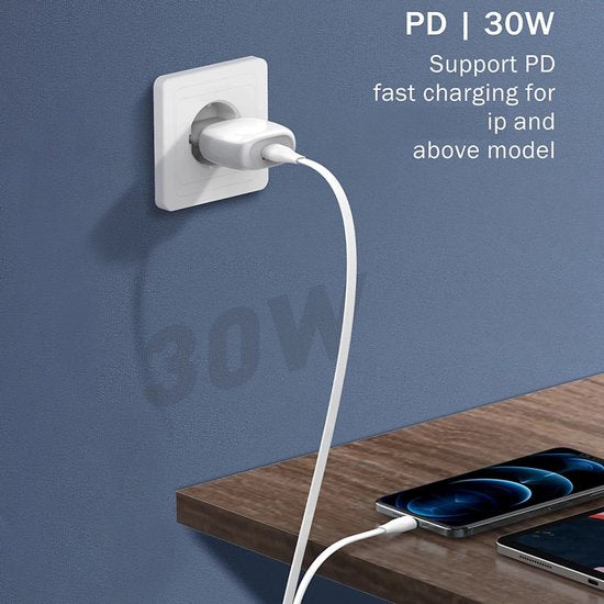 Oplader – Geschikt voor iPhone 11/12/13/14/XR/XS – 45W USB-C Snellader + Lightning Kabel 2m – Snelladen-Oplader-Ilumina Benelux