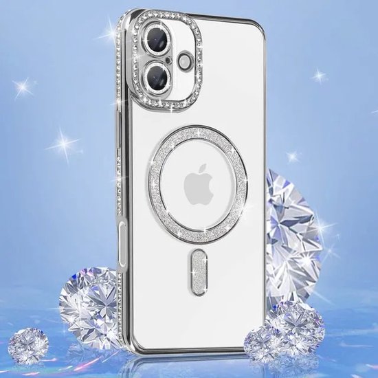 iPhone 16 Plus Hoesjes – MagSafe Glitter Backcover – Diamantjes – Glamour – Zilver-Ilumina Benelux