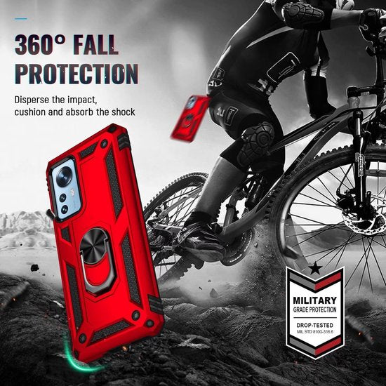 Xiaomi 12/12X Hoesjes – Ring Armor Backcover – 360° Draaibare Standaard – Magneet – Rood-Ilumina Benelux