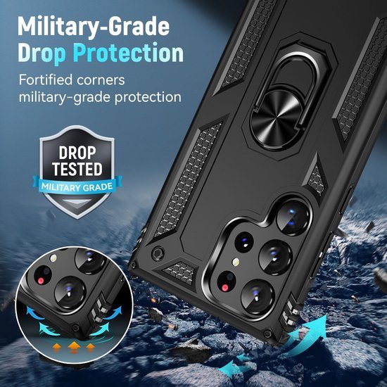 Samsung Galaxy S24 Ultra Hoesjes – Anti-Shock Hybride Ring Armor Backcover – Schokbestendig – Zwart-Ilumina Benelux