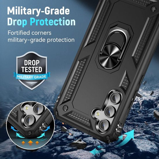 Anti-Shock Hybrid Ring Armor Hoesje Geschikt voor: Samsung Galaxy S24 / Samsung Galaxy S25 - Zwart