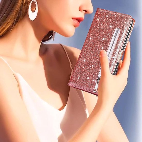 Samsung Galaxy S22 Plus Hoesjes – Glitter Portemonneehoes – Rits & Koord – Pasjeshouder – Roségoud-Ilumina Benelux