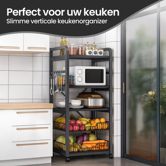 Keukenrek – Velox Goods VL-523 4-Laags Opbergrek met Magnetronplank – Metalen Staand Rek – Zwart-Keukenmeubelset-Ilumina Benelux