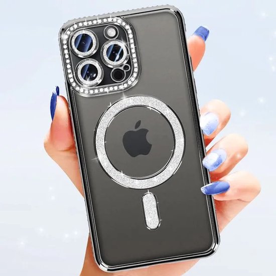 iPhone 13 Pro Hoesjes – MagSafe Glitter Backcover – Diamantjes – Glamour Design – Zwart-Ilumina Benelux