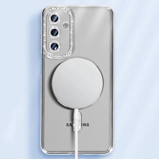 Samsung Galaxy A25 Hoesjes – MagSafe Glitter Backcover – Diamantjes – Glamour – Zilver