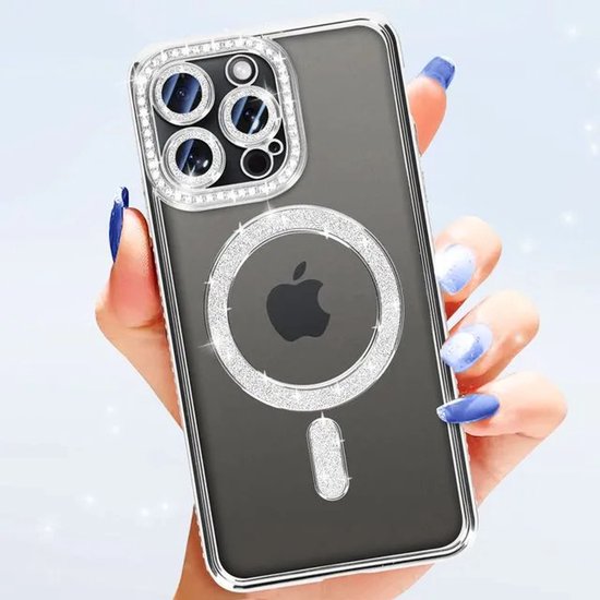 iPhone 15 Pro Hoesjes – MagSafe Backcover – Glitter & Strass – Glamour Design – Zilver-Ilumina Benelux