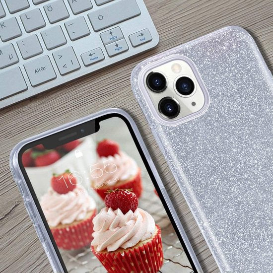 iPhone 12 Hoesjes – Siliconen TPU Backcover – Glitter BlingBling Cover – Zilver-Ilumina Benelux
