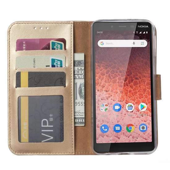 Nokia 1 Plus Hoesjes – Portemonnee Hoes – Pasjeshouder – 2x Screenprotector – Goud-Ilumina Benelux