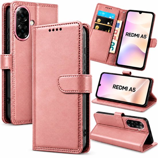 Bookcase Hoesje Geschikt voor Xiaomi Redmi A5 - Luxe PU Kalfsleer Telefoonhoes- Portemonnee Hoesje met Kaartvakken, Contant Geldvak, Magneetsluiting & Standaardfunctie - Roségoud