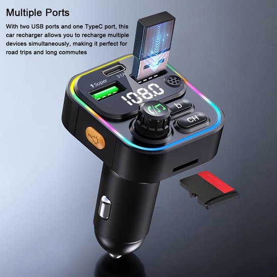 FM Transmitter Auto – Bluetooth 5.3 Carkit – USB-C Snellader 22.5W – USB-A & SD Kaart – Zwart-Ilumina Benelux