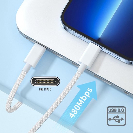 USB-C Oplaadkabel – Geschikt voor iPhone 15/16 & Samsung – Nylon Gevlochten – 66W Snelladen – 2 Meter – Wit-USB-Kabels-Ilumina Benelux