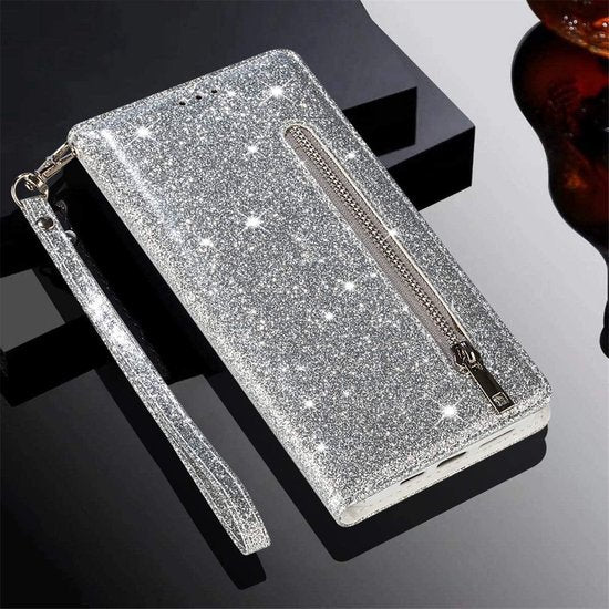 iPhone 12 Mini Hoesjes – Glitter Portemonneehoes met Rits – Koord – Pasjeshouder – Zilver-Ilumina Benelux