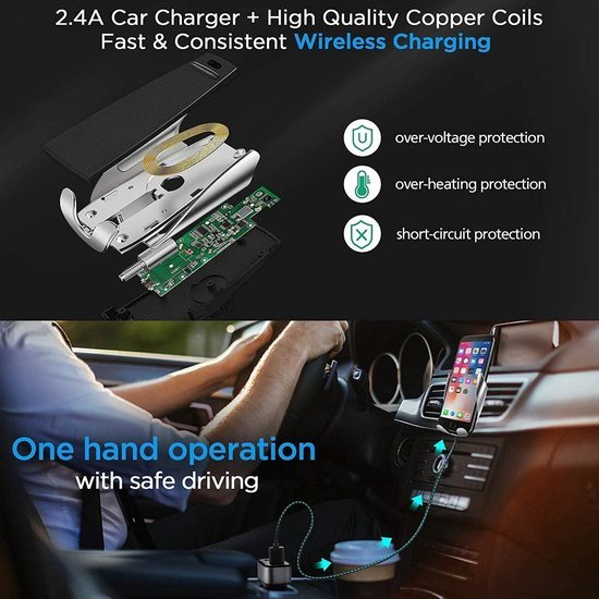 Telefoonhouder auto – Draadloos opladen Qi – Automatische klemarmen – Geschikt voor iPhone Samsung Nokia Huawei – Zwart-Telefoonhouders-Ilumina Benelux