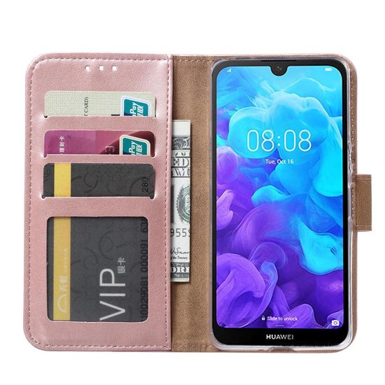 Huawei Y5 (2019) Hoesjes – Portemonnee Hoes – Pasjeshouder – Magneetsluiting – Roségoud + 2x Screenprotector-Ilumina Benelux
