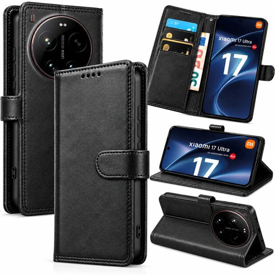 Bookcase Hoesje Geschikt voor Xiaomi 17 Ultra - Luxe PU Kalfsleer Telefoonhoes- Portemonnee Hoesje met Kaartvakken, Contant Geldvak, Magneetsluiting & Standaardfunctie - Zwart