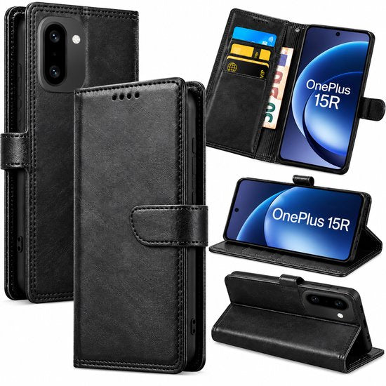 Bookcase Hoesje Geschikt voor OnePlus 15R - Luxe PU Kalfsleer Telefoonhoes- Portemonnee Hoesje met Kaartvakken, Contant Geldvak, Magneetsluiting & Standaardfunctie - Zwart