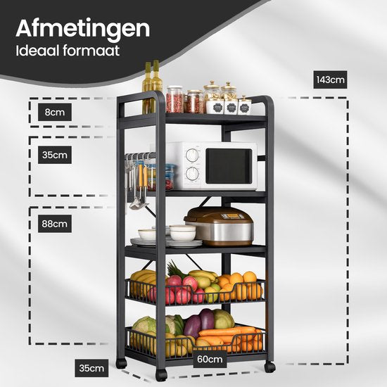 Keukenrek – Velox Goods VL-523 4-Laags Opbergrek met Magnetronplank – Metalen Staand Rek – Zwart-Keukenmeubelset-Ilumina Benelux