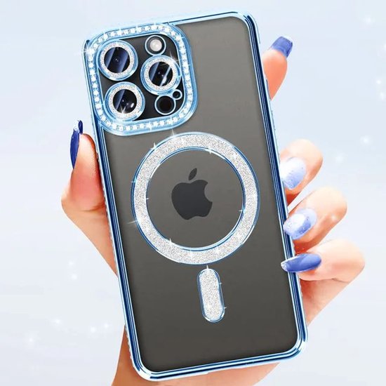 iPhone 13 Pro Hoesjes – MagSafe Glitter Backcover – Diamantjes – Glamour Design – Blauw-Ilumina Benelux