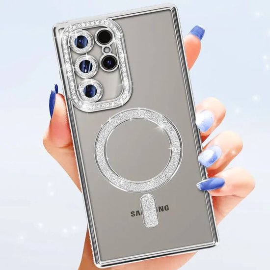 Samsung Galaxy S22 Ultra Hoesjes – MagSafe Glitter Backcover – Diamantjes – Glamour – Zilver-Ilumina Benelux