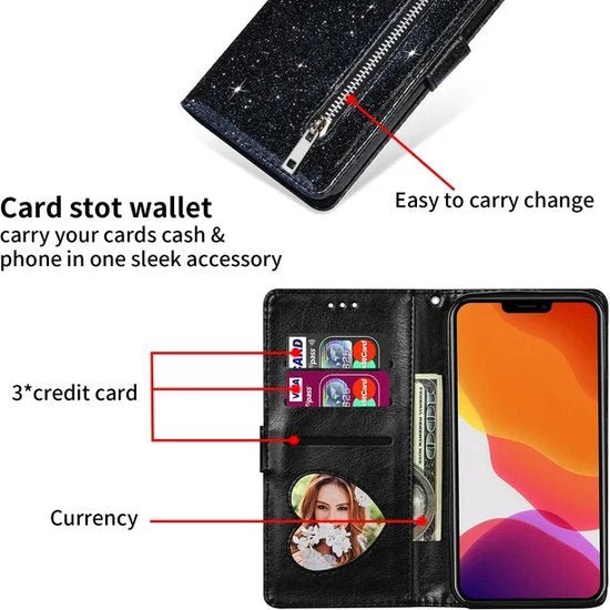 iPhone 13 Pro Max Hoesjes – Glitter Portemonnee Hoes – Rits & Koord – Pasjeshouder – Zwart-Ilumina Benelux