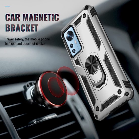 Xiaomi 12 / 12X Hoesjes – Ring Armor Backcover – Draaibare standaard – Magneet – Zilver-Ilumina Benelux
