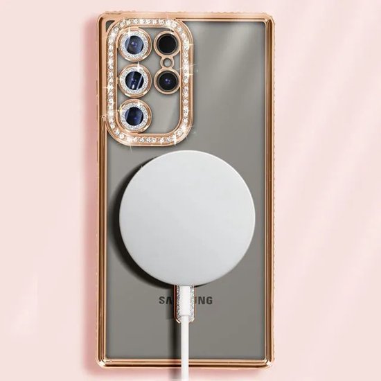 Samsung Galaxy S22 Ultra Hoesjes – MagSafe Glitter Backcover – Diamantjes – Glamour – Goud-Ilumina Benelux