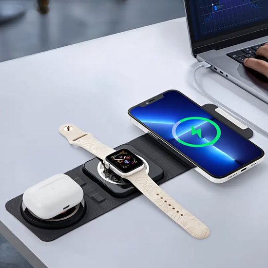 Draadloze oplader – 3-in-1 Opvouwbaar MagSafe Laadstation – Geschikt voor iPhone 15/14/13/12, Watch, AirPods, Galaxy-Oplader-Ilumina Benelux