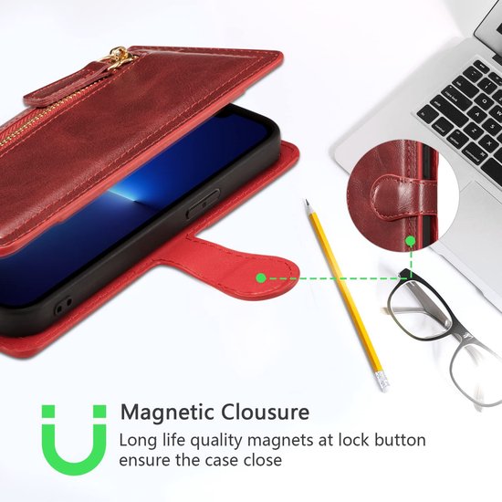 iPhone 13 Pro Max Hoesjes – Vintage Portemonnee Hoes – Pasjeshouder – Magneetsluiting – Rood-Ilumina Benelux