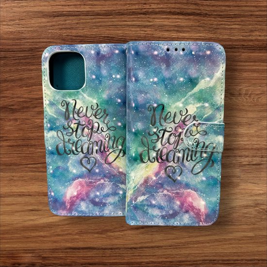 iPhone 14 Hoesjes – Portemonnee Book Case – Pasjeshouder – Magneetsluiting – Never Stop Dreaming Print-Ilumina Benelux