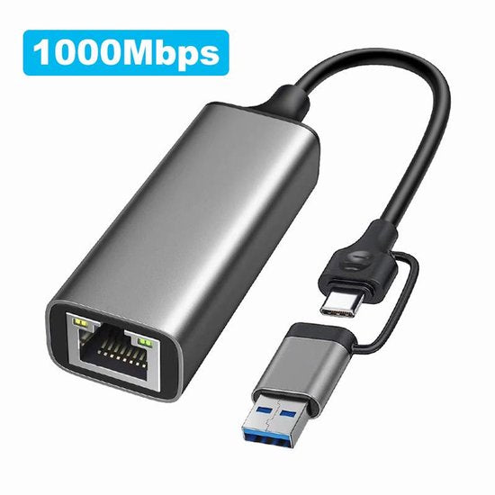 USB Ethernet Adapter – Gigabit 1000 Mbps – USB-A & USB-C naar RJ45 – Plug & Play – Zwart-Ilumina Benelux