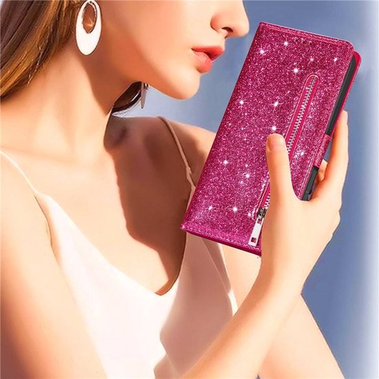 iPhone 14 Pro Hoesjes – Glitter Portemonnee Hoes – Rits & Koord – Pasjeshouder – Roze-Ilumina Benelux