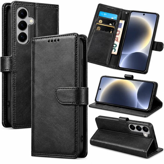 Bookcase Hoesje Geschikt voor Samsung Galaxy S26 Plus - Luxe PU Kalfsleer Telefoonhoes- Portemonnee Hoesje met Kaartvakken, Contant Geldvak, Magneetsluiting & Standaardfunctie - Zwart