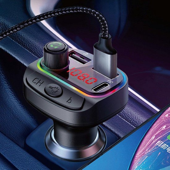 FM Transmitter Auto – Bluetooth 5.0 Carkit – MP3 Speler – Snelladen USB & USB-C – Handsfree – 7-Kleuren LED – Zwart-Ilumina Benelux