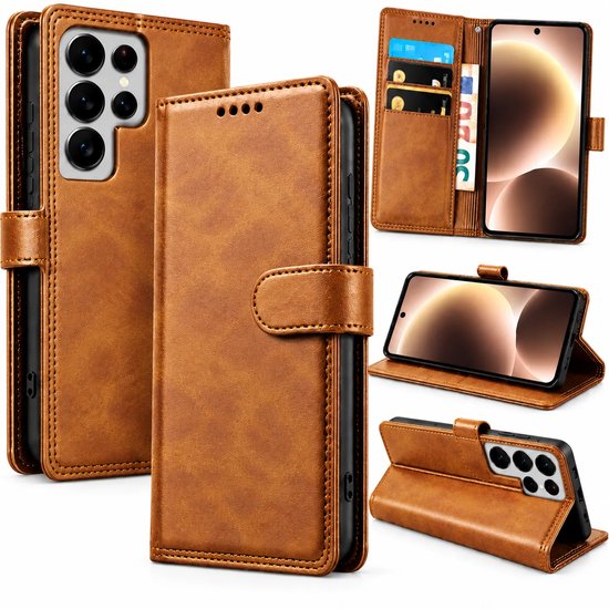 Bookcase Hoesje Geschikt voor Samsung Galaxy S26 Ultra - Luxe PU Kalfsleer Telefoonhoes- Portemonnee Hoesje met Kaartvakken, Contant Geldvak, Magneetsluiting & Standaardfunctie - Khaki