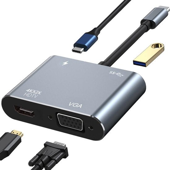 USB-C naar HDMI en VGA Adapter – Verloopstuk met USB 3.0 en USB-C Oplaadpoort - 4-in-1 – 4K Beeld – Geschikt voor: Laptop, Tablet en Apple MacBook