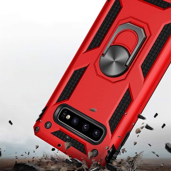 Samsung Galaxy S10e Hoesjes – Ring Armor Backcover – 360° Draaibare Standaard – Magneet – Rood-Ilumina Benelux