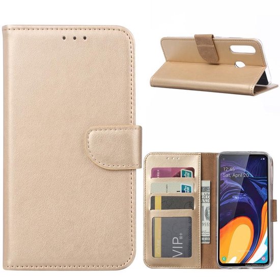 Samsung Galaxy A60 Hoesjes – Portemonnee Hoes – Magneetsluiting – Inclusief 2x Gehard Glas Screenprotector – Goud-Ilumina Benelux