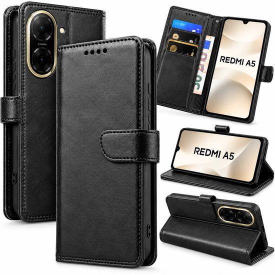 Bookcase Hoesje Geschikt voor Xiaomi Redmi A5 - Luxe PU Kalfsleer Telefoonhoes- Portemonnee Hoesje met Kaartvakken, Contant Geldvak, Magneetsluiting & Standaardfunctie - Zwart