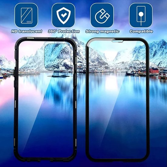 iPhone 14 Hoesjes – Magnetische 360° Cover – Metalen Frame – Gehard Glas Achterkant + Screenprotector – Zwart-Ilumina Benelux
