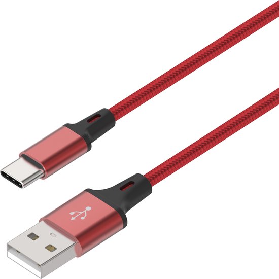 USB-C kabel – Type C Oplaadkabel – Snelladen – 1 Meter Nylon Gevlochten – Rood-USB-Kabels-Ilumina Benelux