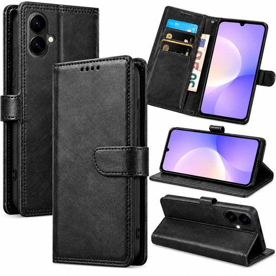 Bookcase Hoesje Geschikt voor Samsung Galaxy A07 - Luxe PU Kalfsleer Telefoonhoes- Portemonnee Hoesje met Kaartvakken, Contant Geldvak, Magneetsluiting & Standaardfunctie - Zwart