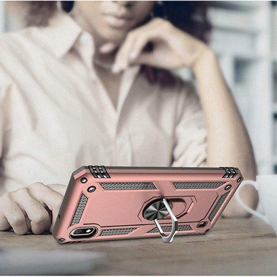 Samsung Galaxy A10 Hoesjes – Ring Armor Backcover – 360° Draaibare Standaard – Magneet – Roségoud-Ilumina Benelux