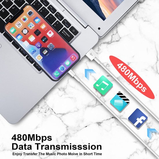 Lightning kabel – Geschikt voor iPhone iPad iPod AirPods – USB-A naar Lightning – 3 Pack 3 Meter – Oplaadkabel – Wit