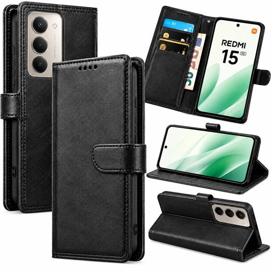 Bookcase Hoesje Geschikt voor Xiaomi Redmi 15 5G - Luxe PU Kalfsleer Telefoonhoes- Portemonnee Hoesje met Kaartvakken, Contant Geldvak, Magneetsluiting & Standaardfunctie - Zwart