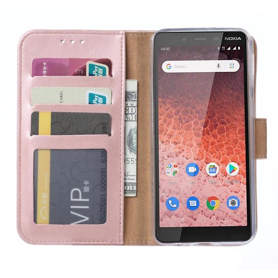 Nokia 1 Plus Hoesjes – Portemonnee Hoes – Pasjeshouder – 2x Screenprotector – Roségoud-Ilumina Benelux