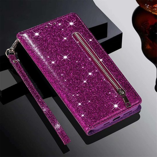 Oppo A15 Hoesjes – Glitter Portemonnee Case – Rits – Koord – Pasjeshouder – Paars-Ilumina Benelux