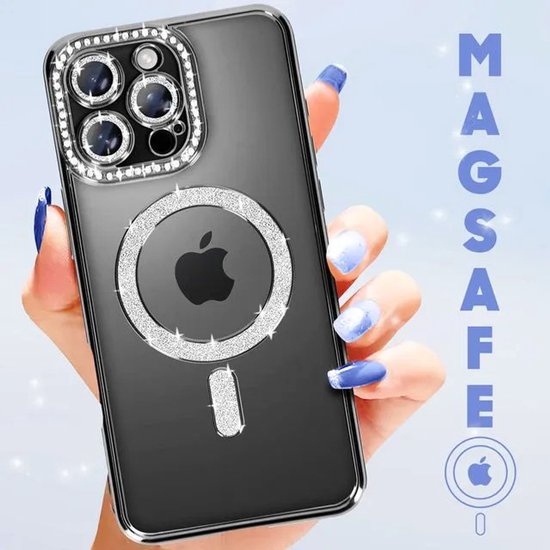 iPhone 16 Pro Max Hoesjes – MagSafe Glitter Backcover – Diamantjes – Glamour – Zwart-Ilumina Benelux