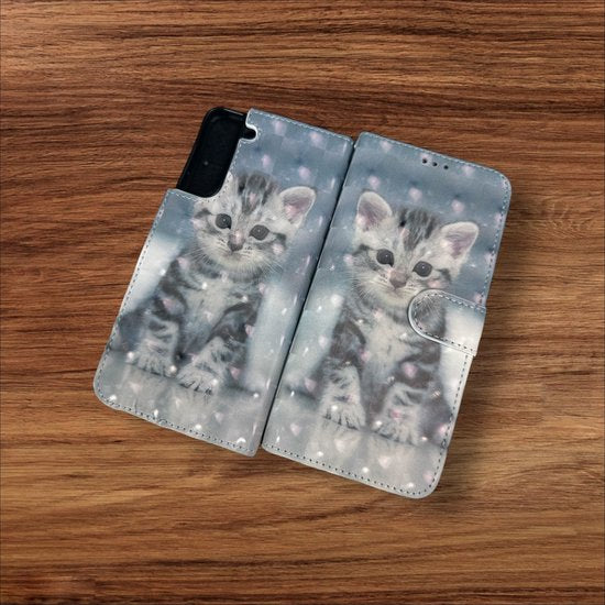 Samsung Galaxy S22 Plus Hoesjes – Portemonnee Book Case – Pasjeshouder – Magneetsluiting – Kat Print-Ilumina Benelux