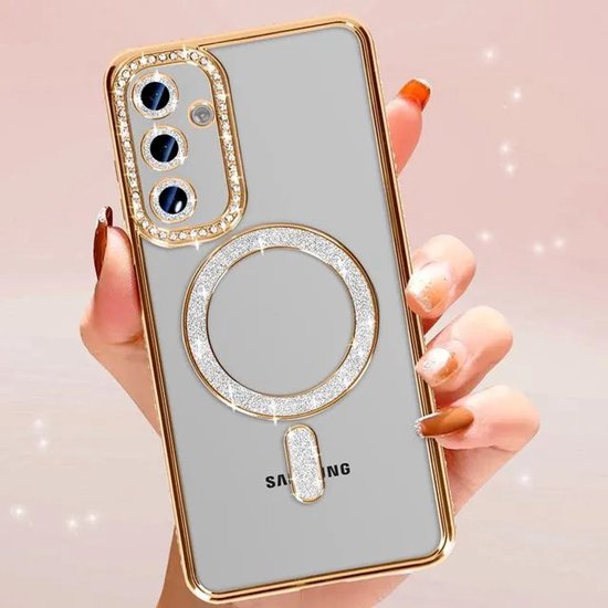 Samsung Galaxy S25 Hoesjes – MagSafe Glitter Backcover – Strass Diamantjes – Glamour – Goud