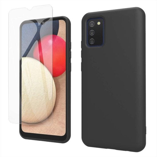 Samsung Galaxy A02S Hoesjes – Siliconen Backcover + 2x Screenprotector – Gehard Glas – Anti Kras – Zwart/Transparant-Ilumina Benelux